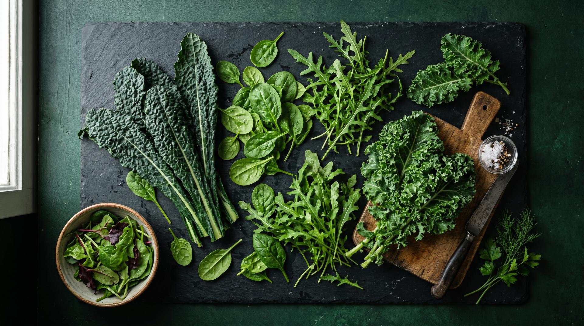 Fresh organic greens flat lay